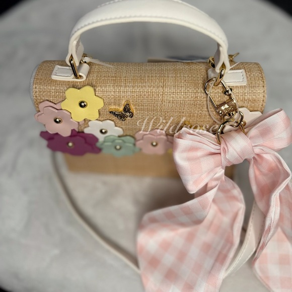 Betsey Johnson spring Floral flowers butterfly pink gingham bow satchel bag - Picture 7 of 11